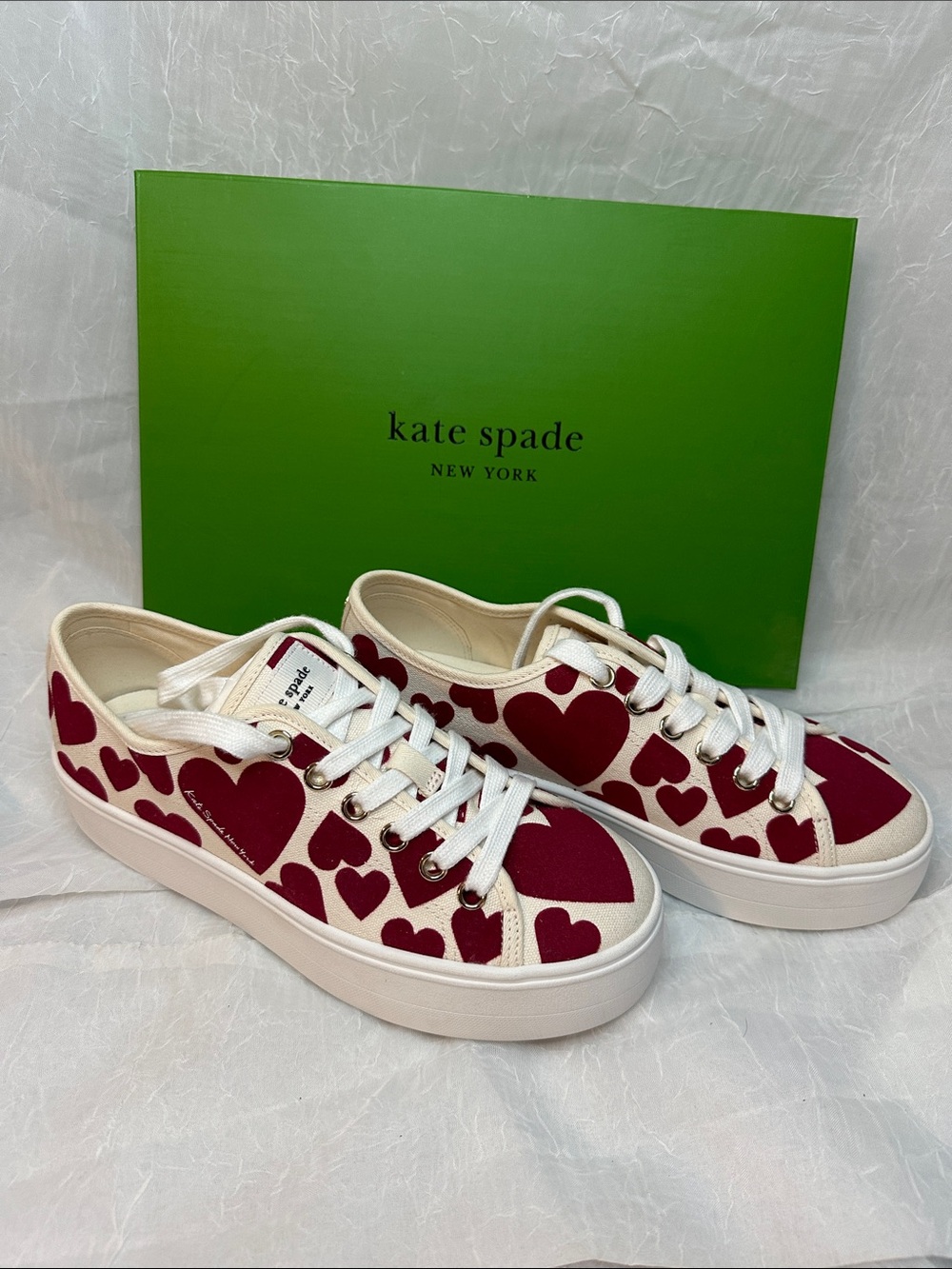 kate spade New York White Canvas Sneakers with Red Heart Print